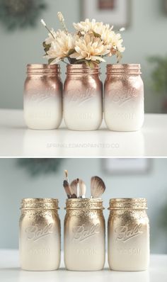 three mason jars with flowers in them and the same one is painted pink, white and gold