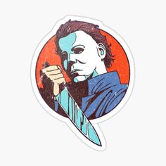 a sticker with a man holding a knife in his hand and looking at the camera