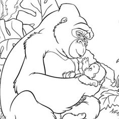 an adult gorilla holding a baby in its arms, while sitting on the ground with other animals