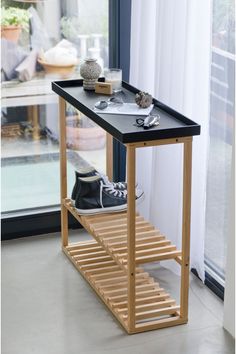 Black Rectangular Console Table with Storage | Wireworks Hello | Woodfurniture.com Slatted Shelves, Shoe Storage Shelf, Shoe Shelves, Storage Table, Cupboard Storage, Table Storage, Shoe Storage, Storage Shelves, Wood Furniture