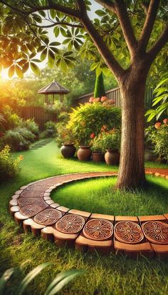 a circular stone path in the middle of a lush green yard with trees and flowers