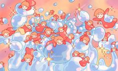 a group of little angels flying through the air with bubbles in front of them and stars on