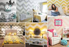 a collage of photos showing different rooms with chevron wallpaper and bedding