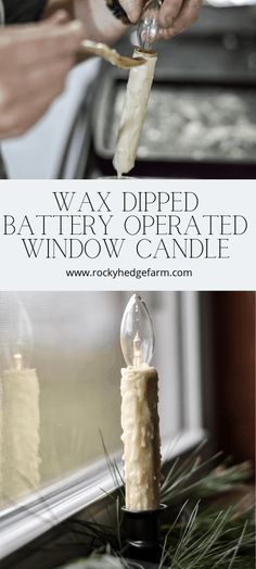 a person is lighting a candle on a window sill with the words wax dipped battery operated window candle