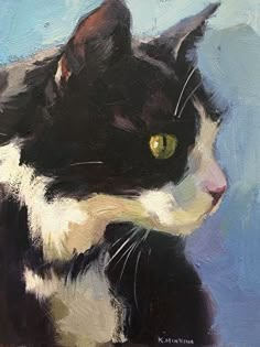 a painting of a black and white cat