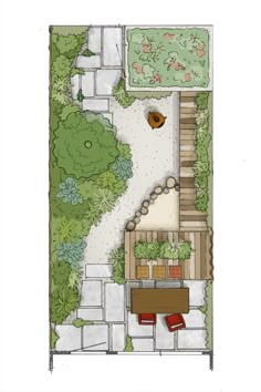 an aerial view of a small garden design