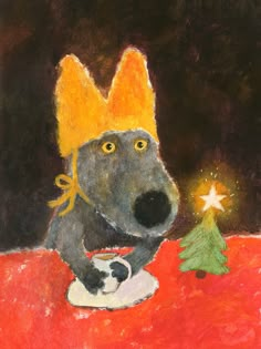 a painting of a dog with a christmas tree