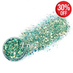 green and gold glitter with 30 % off on the side, next to a white background