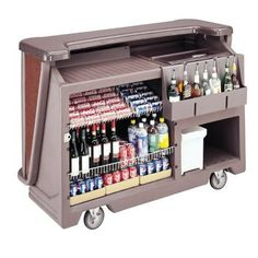 a bar cart with drinks and beverages on it's sides, including sodas