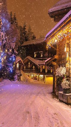 a snow covered street with christmas lights on it