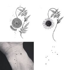 three different tattoos with flowers and leaves on them