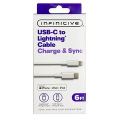 the packaging for an iphone charger and sync cable is shown in purple on white