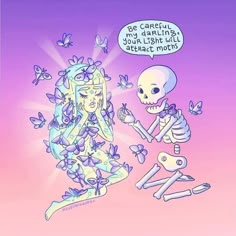 a cartoon drawing of a skeleton and a woman with butterflies on her head holding scissors