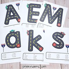 three printable letter worksheets with cars on them