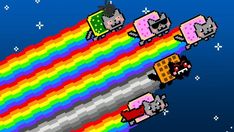 an old school computer game with cats and rainbows in the sky, as if they were flying through space