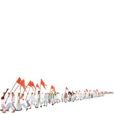 a long line of people holding red flags