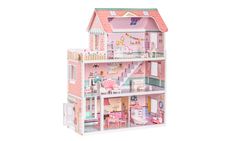 a pink doll house with furniture and accessories on the top floor is shown in front of a white background