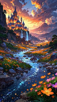 a painting of a castle in the sky with flowers on the ground and water running through it