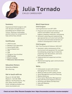 the resume for a child care worker is shown in purple and white, with an image of