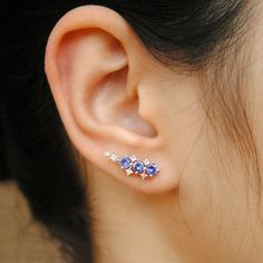 Natural Tanzanite & Diamond Ear Climber, 14k 18k Solid Gold Ear Crawler Sweep Studs, Cornflower Blue Celestial Bridal Earrings - Etsy UK Gold Ear Crawlers, Blue Bridal Earrings, Climbing Earrings, Celestial Gifts, Ear Crawler, Ear Climbers Earrings, Diamond Crown, Ear Climber, White Princess