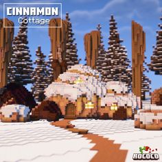 an animated image of a snow covered area with trees in the background and text that reads, cinnamon cottage