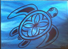 a painting of a turtle on a blue background