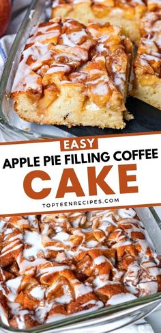 an easy apple pie filling coffee cake with icing on top and in the background