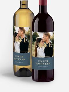 two bottles of wine next to each other with an image on the front and back