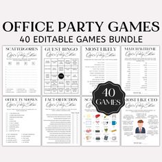 the office party games bundle is shown in black and white