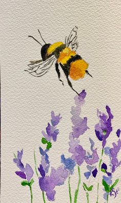 a watercolor painting of a bee flying over lavenders and other wildflowers