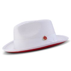 Make a bold statement with this White with Red Bottom Braided Pinch Fedora Hat. With its matching grosgrain ribbon, pinch crown, and 2 1/8" wide brim, you can stand out in any crowd! Perfect for taking risks and achieving the daring looks you crave. Available in size XL for an additional $5. Red Bottom Matching Grosgrain Ribbon Pinch Crown Wide Brim: 2 1/8" No Lining Material: Polyester Blend Size XL additional $5 H76- White Luxury Red Fedora With Curved Brim, Red Bottom Fedora Hats, Red Bottom Fedora Hat, Red Bottom Hats For Men, Yellow Baseball Cap, Felt Dress, Ralph Lauren Baseball Cap, Fedora Hat Men, Womens Fedora