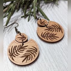 Fern Leaf Cherry Wood Boho Handmade Engraved Dangle Earrings - Handmade In Natural Cherry Wood - Lightweight, Won't Pull Ear Lobe Down - Can Be Made With Antique Bronze, Gold, Or Silver Hooks - 2" By 1" Wood Earring With 1" Hook Drop Natural Cherry Wood, Tory Burch Earrings, Laser Cut Earrings, Fern Leaf, Cut Earrings, Boho Handmade, Earring Tree, Crystal Stud Earrings, Earrings Drop