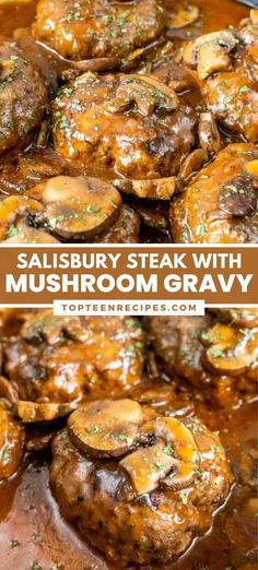 salisbury steak with mushroom gravy in a skillet