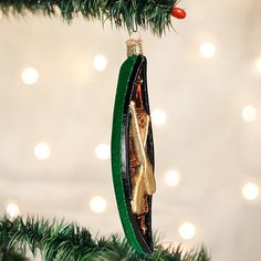 an ornament hanging from a christmas tree