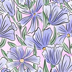 blue flowers on a pink background with green leaves and stems in pastel colors are drawn by hand