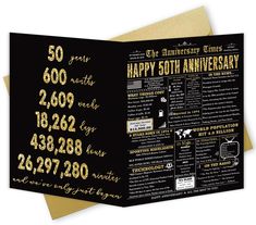 a 50th anniversary card with gold lettering on black and white paper, featuring an image of the