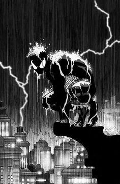 a black and white image of a monster in the rain with lightning coming from behind it