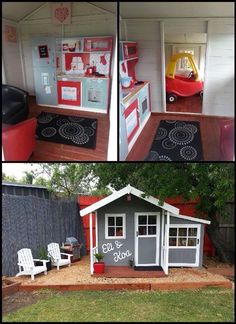 two pictures of a child's play house in the backyard