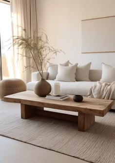 a living room with a couch, coffee table and potted plant in the corner