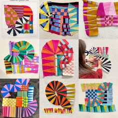 a collage of different patterns and shapes made from strips of colored paper on a white wall