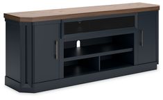 a black entertainment center with wooden top and shelves