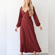 Burnt Red Color Long Sleeve Maxi Dress From A Boutique. New With Tags, Just Missed The Return Window. Chic Red Solid Color Midi Dress, Red Solid Color Midi Dress For Date Night, Solid Color Maxi Dress For Fall Brunch, Chic Burgundy Maxi Dress For Fall, Solid Color Maxi Dress For Fall Date Night, Solid Maxi Dress For Fall Brunch, Burgundy V-neck Dresses For Brunch, Burgundy Maxi Dress For Fall Formal Occasions, Fall Formal Burgundy Maxi Dress