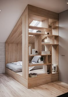 a bed in a room with wooden shelves on the wall and flooring underneath it