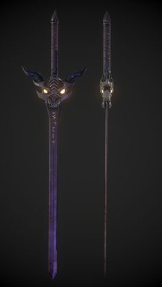 an image of two swords with glowing eyes and horns on each side, in the dark