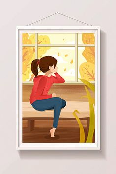 a woman sitting on a bench looking out the window