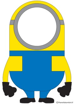 a yellow and blue minion with one eye on it's face, standing in front of a white background