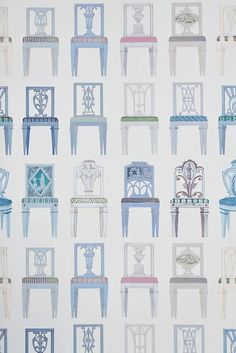 the chairs are all different colors and patterns on this wallpapered room with white walls