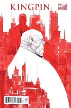 the cover to kingpin, featuring a man in white robes and red cityscape