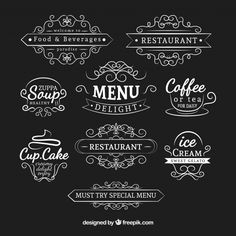 different types of restaurant logos on black background