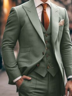 Green Men’s Suits, Sage Green Wedding Outfit Men, Teal Green Suits For Men, Sage Green Wedding Tuxedo For Men, Groom Attire Terracotta Wedding, Men Wedding Suit Green, Green Suit Terracotta Tie, Wedding Party Attire Green, Mens Wedding Suit Colors